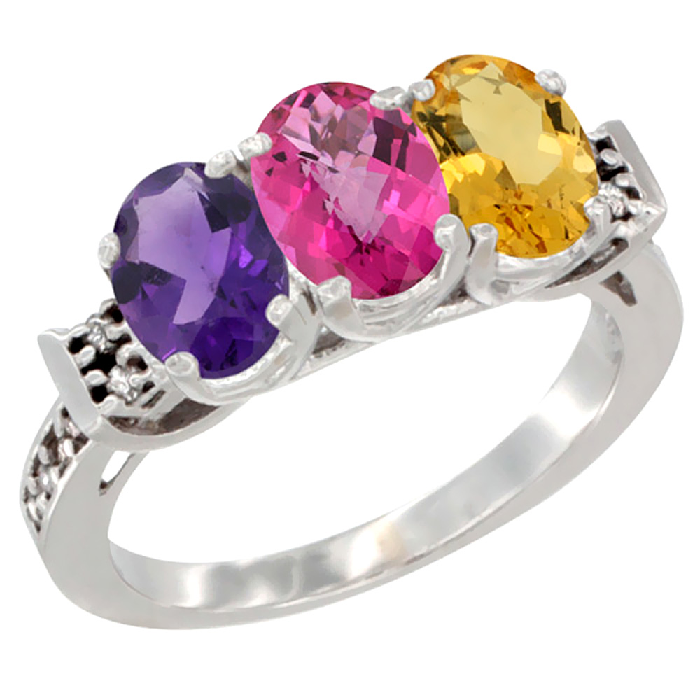 14K White Gold Natural Amethyst, Pink Topaz & Citrine Ring 3-Stone 7x5 mm Oval Diamond Accent, sizes 5 - 10