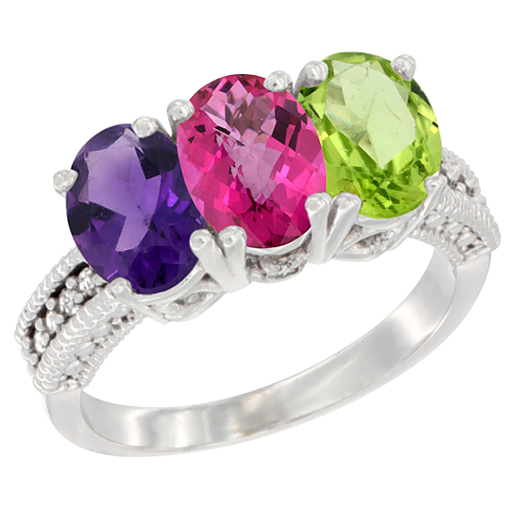 10K White Gold Natural Amethyst, Pink Topaz & Peridot Ring 3-Stone Oval 7x5 mm Diamond Accent, sizes 5 - 10