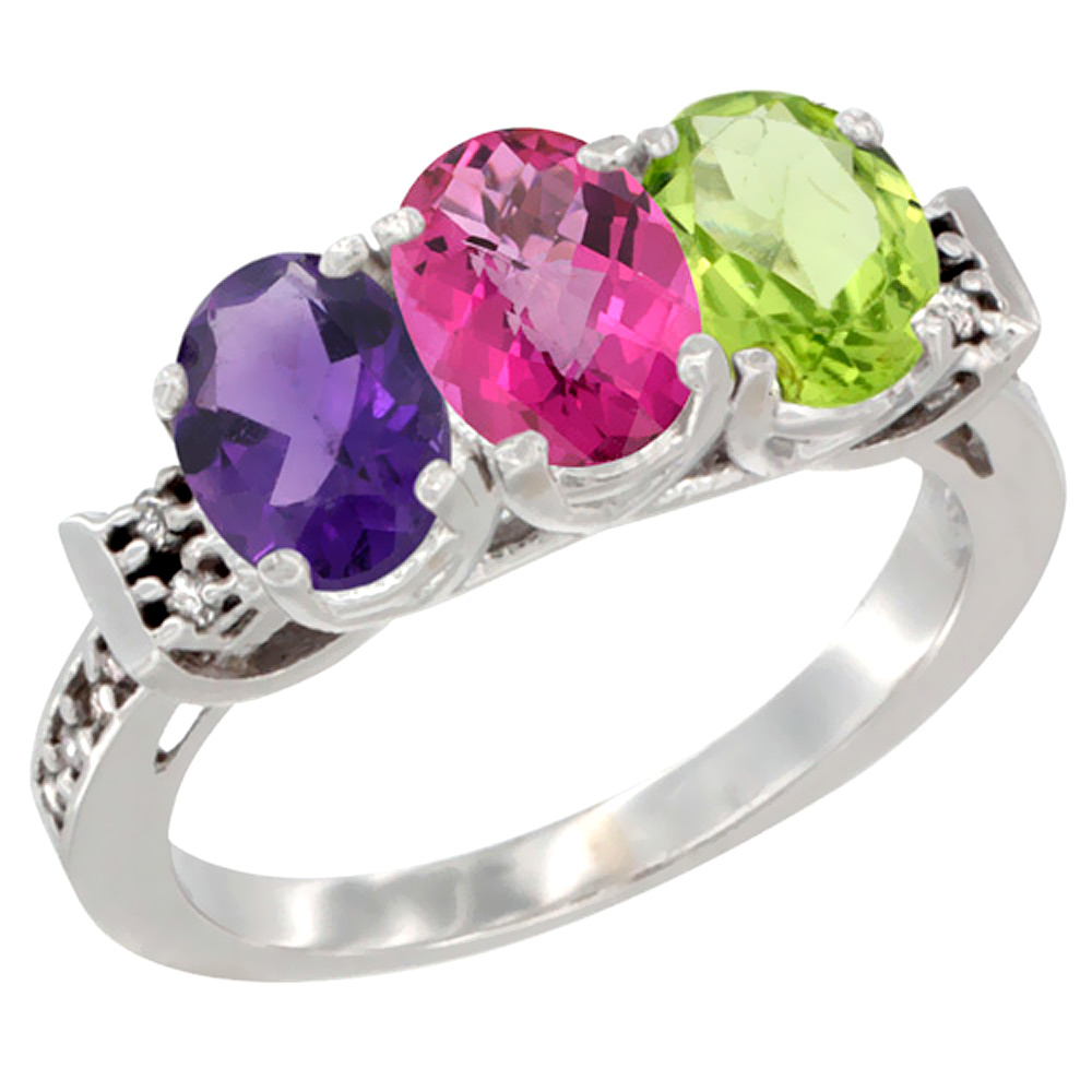 14K White Gold Natural Amethyst, Pink Topaz & Peridot Ring 3-Stone 7x5 mm Oval Diamond Accent, sizes 5 - 10