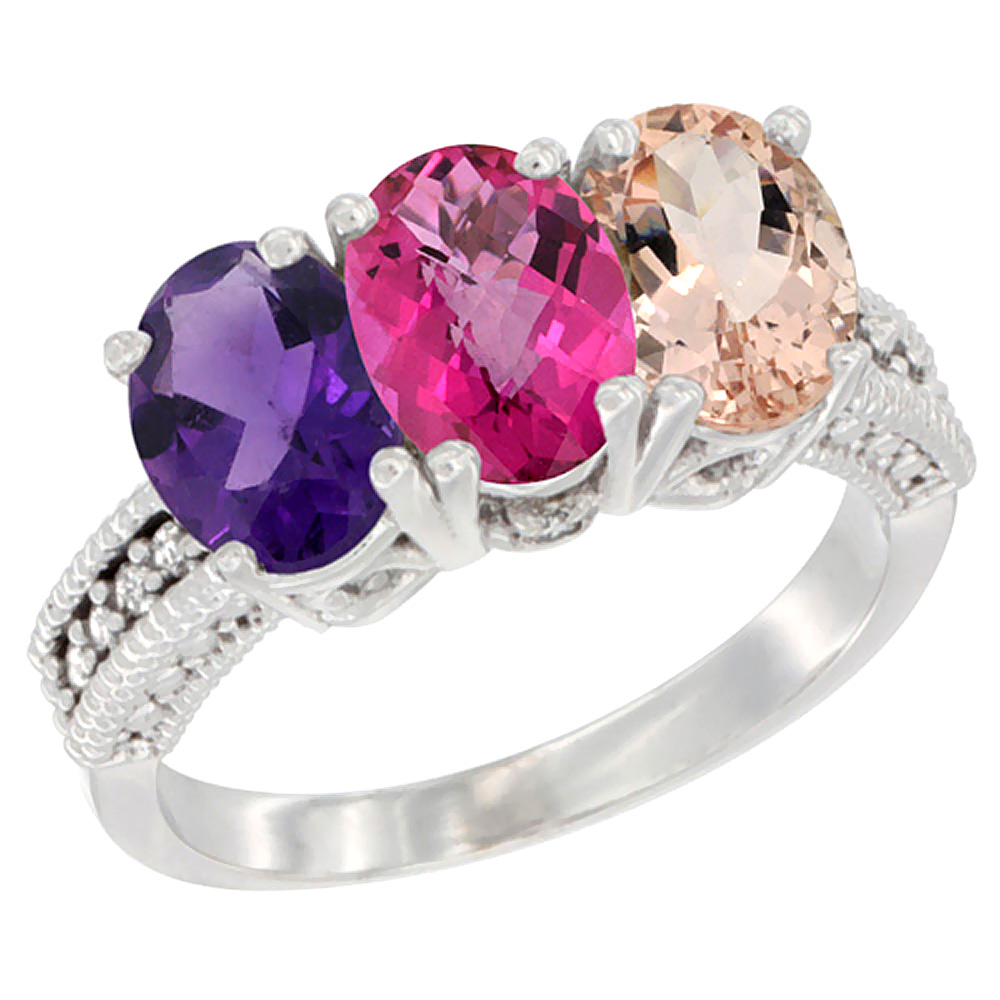 10K White Gold Natural Amethyst, Pink Topaz &amp; Morganite Ring 3-Stone Oval 7x5 mm Diamond Accent, sizes 5 - 10