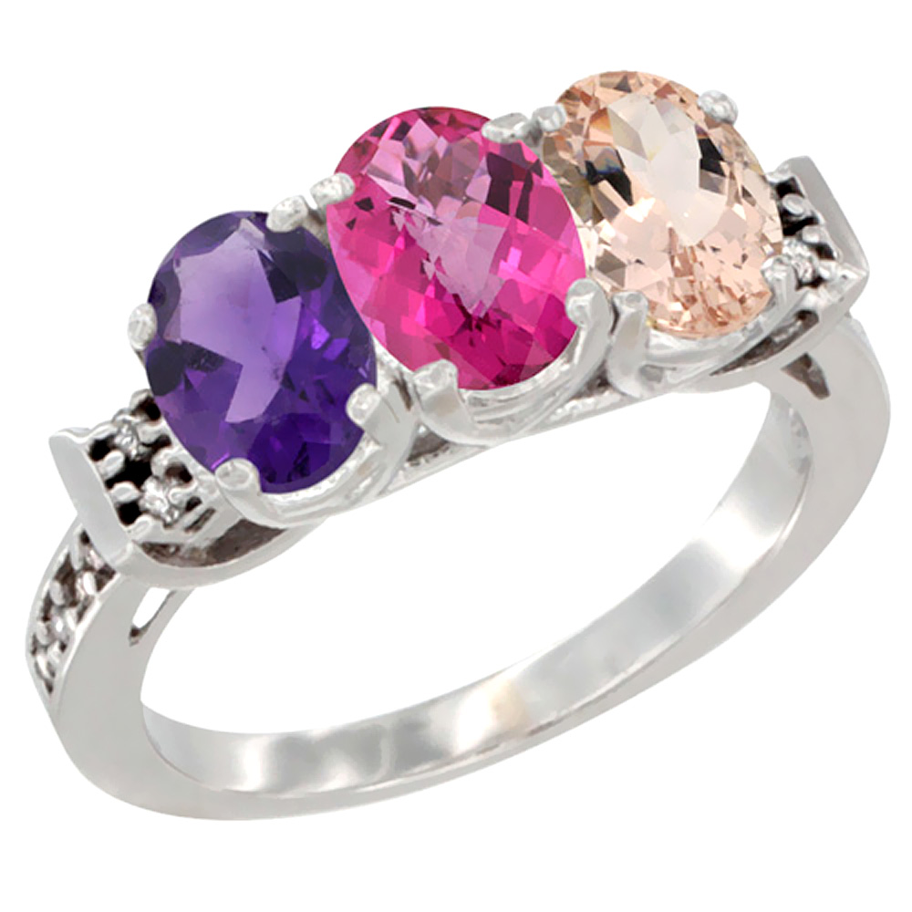 14K White Gold Natural Amethyst, Pink Topaz & Morganite Ring 3-Stone 7x5 mm Oval Diamond Accent, sizes 5 - 10