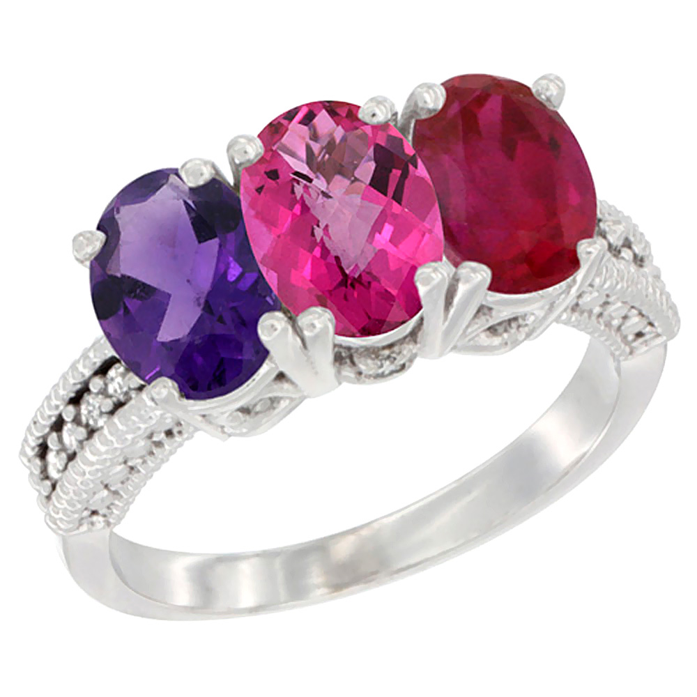 10K White Gold Natural Amethyst, Pink Topaz &amp; Enhanced Ruby Ring 3-Stone Oval 7x5 mm Diamond Accent, sizes 5 - 10