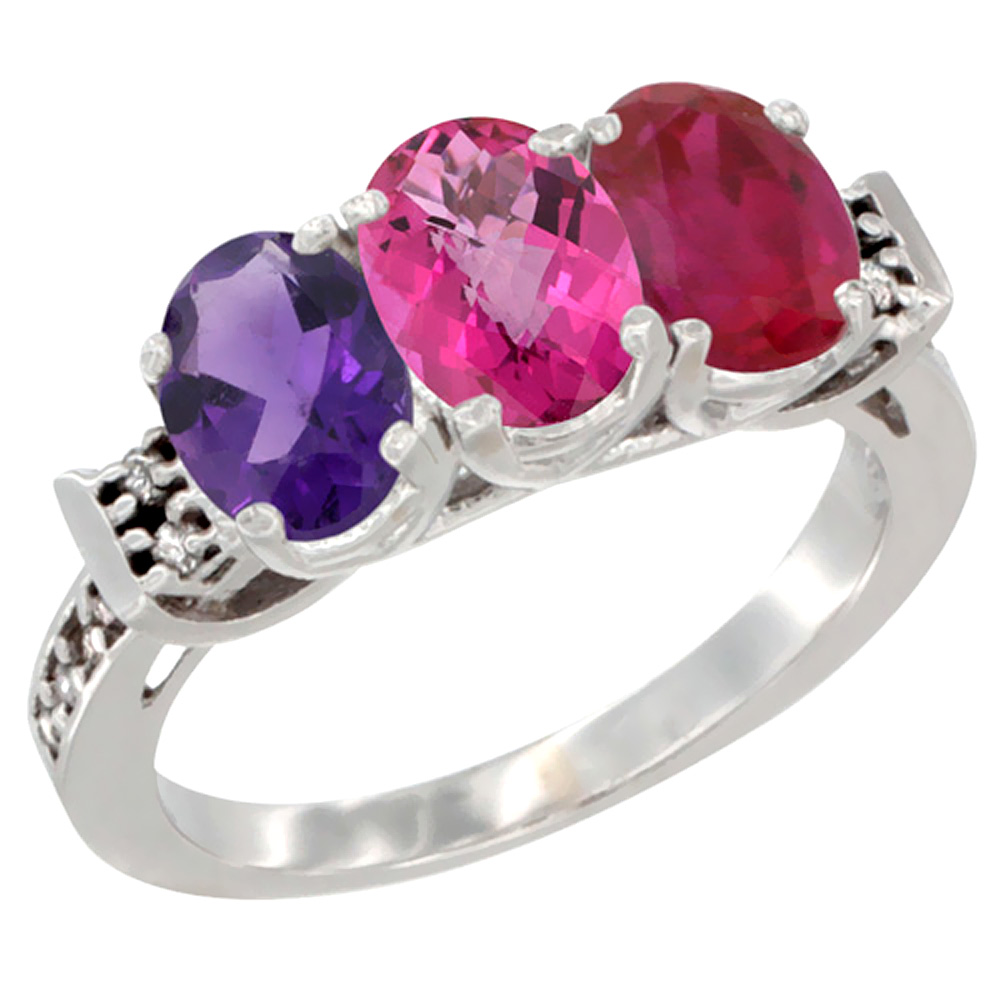 14K White Gold Natural Amethyst, Pink Topaz &amp; Enhanced Ruby Ring 3-Stone 7x5 mm Oval Diamond Accent, sizes 5 - 10