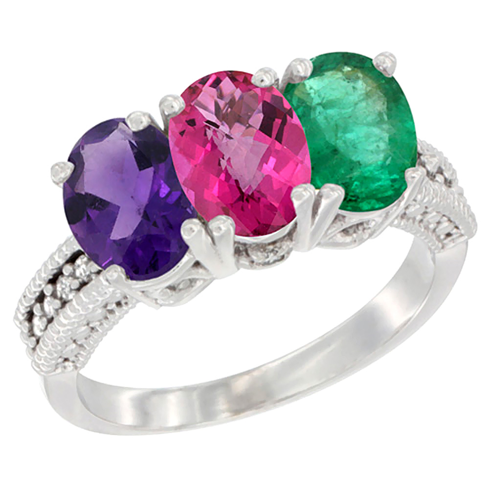 10K White Gold Natural Amethyst, Pink Topaz & Emerald Ring 3-Stone Oval 7x5 mm Diamond Accent, sizes 5 - 10
