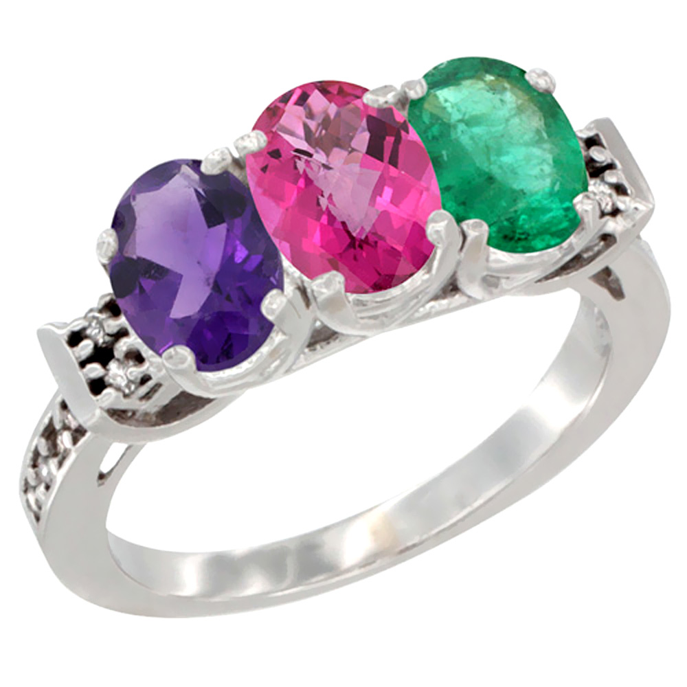 14K White Gold Natural Amethyst, Pink Topaz & Emerald Ring 3-Stone 7x5 mm Oval Diamond Accent, sizes 5 - 10