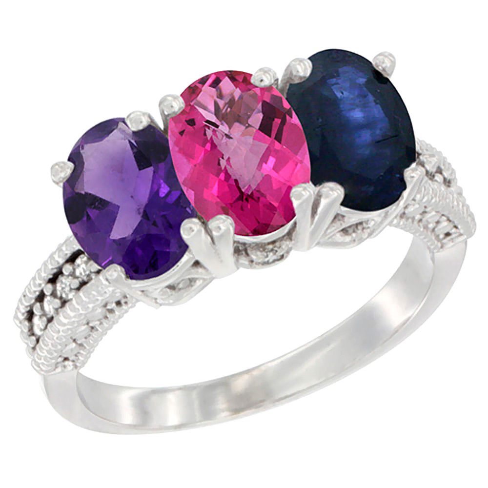 14K White Gold Natural Amethyst, Pink Topaz &amp; Blue Sapphire Ring 3-Stone 7x5 mm Oval Diamond Accent, sizes 5 - 10