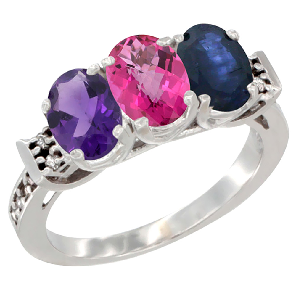 14K White Gold Natural Amethyst, Pink Topaz &amp; Blue Sapphire Ring 3-Stone 7x5 mm Oval Diamond Accent, sizes 5 - 10