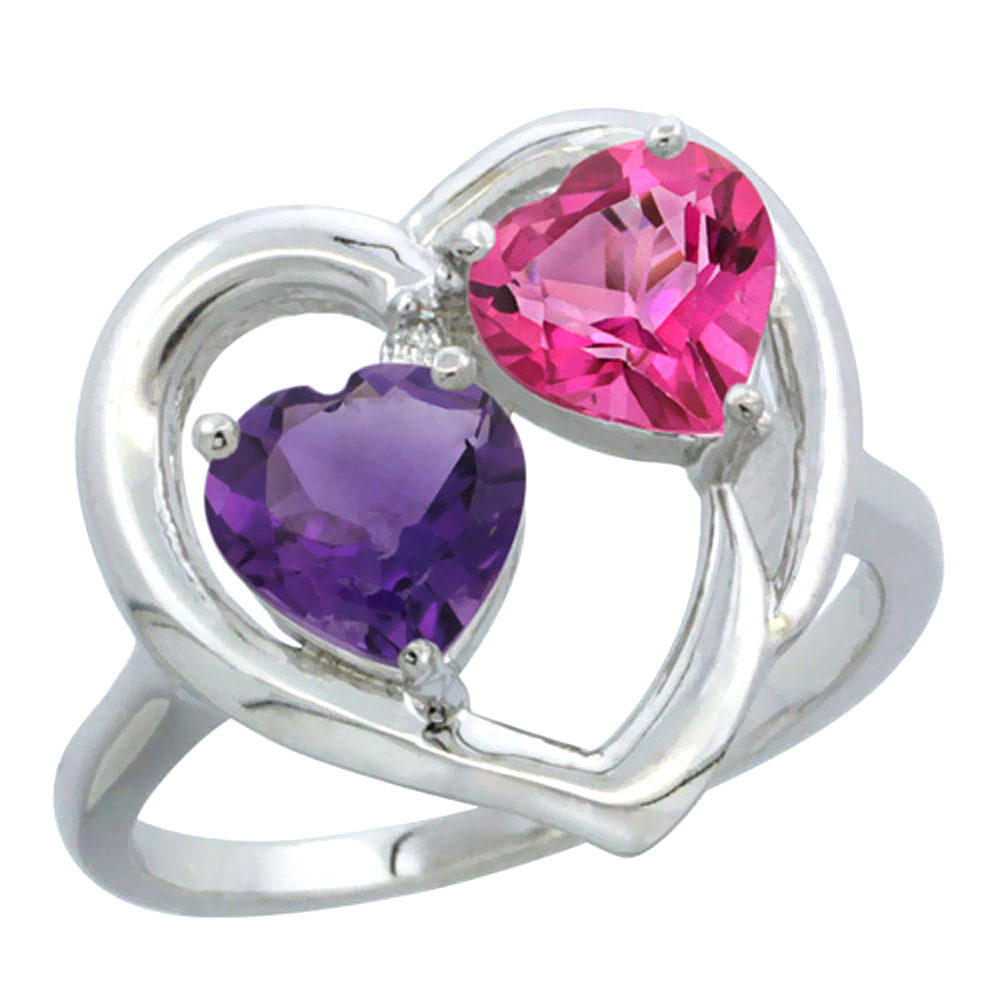 10K White Gold Diamond Two-stone Heart Ring 6mm Natural Amethyst &amp; Pink Topaz, sizes 5-10
