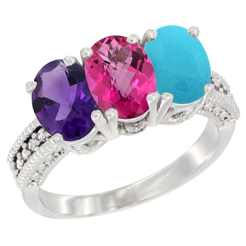 14K White Gold Natural Amethyst, Pink Topaz & Turquoise Ring 3-Stone 7x5 mm Oval Diamond Accent, sizes 5 - 10