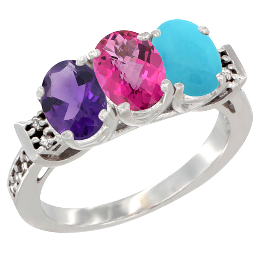 14K White Gold Natural Amethyst, Pink Topaz & Turquoise Ring 3-Stone 7x5 mm Oval Diamond Accent, sizes 5 - 10