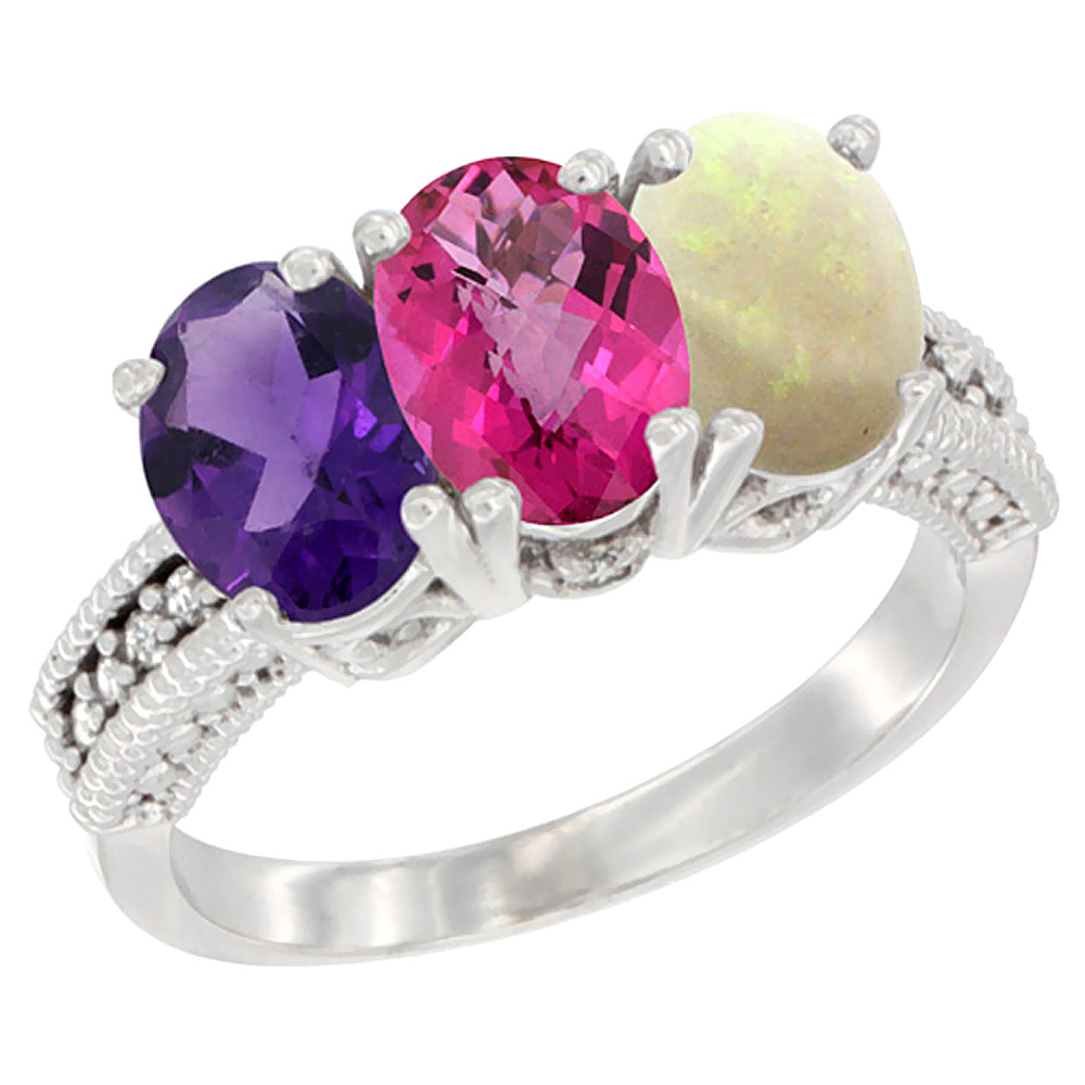 14K White Gold Natural Amethyst, Pink Topaz & Opal Ring 3-Stone 7x5 mm Oval Diamond Accent, sizes 5 - 10