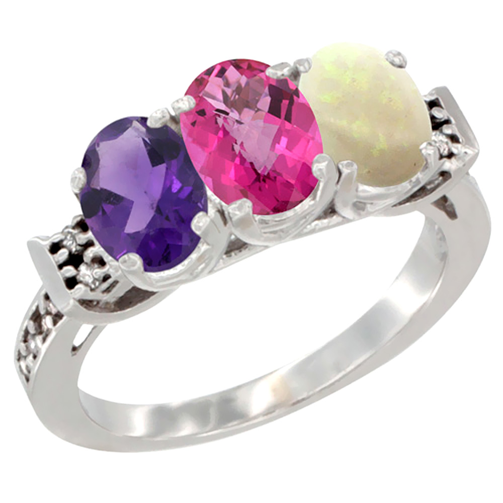 10K White Gold Natural Amethyst, Pink Topaz &amp; Opal Ring 3-Stone Oval 7x5 mm Diamond Accent, sizes 5 - 10