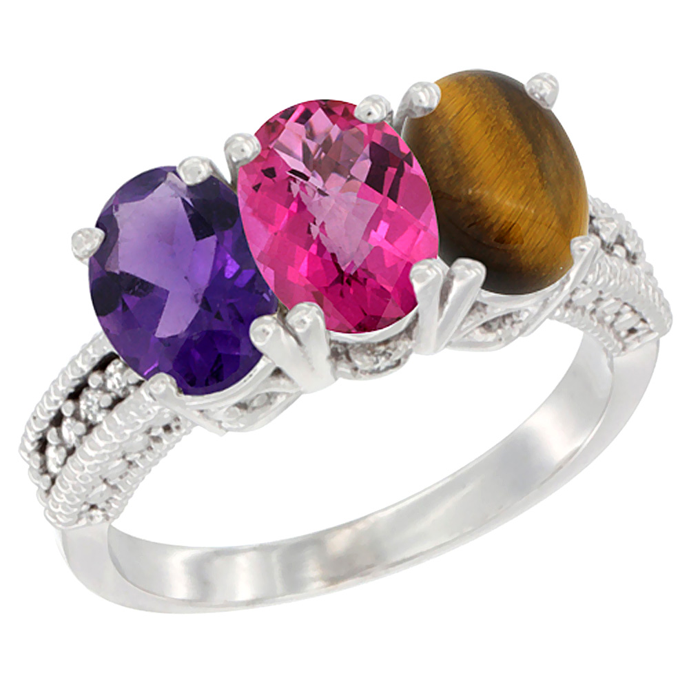10K White Gold Natural Amethyst, Pink Topaz &amp; Tiger Eye Ring 3-Stone Oval 7x5 mm Diamond Accent, sizes 5 - 10