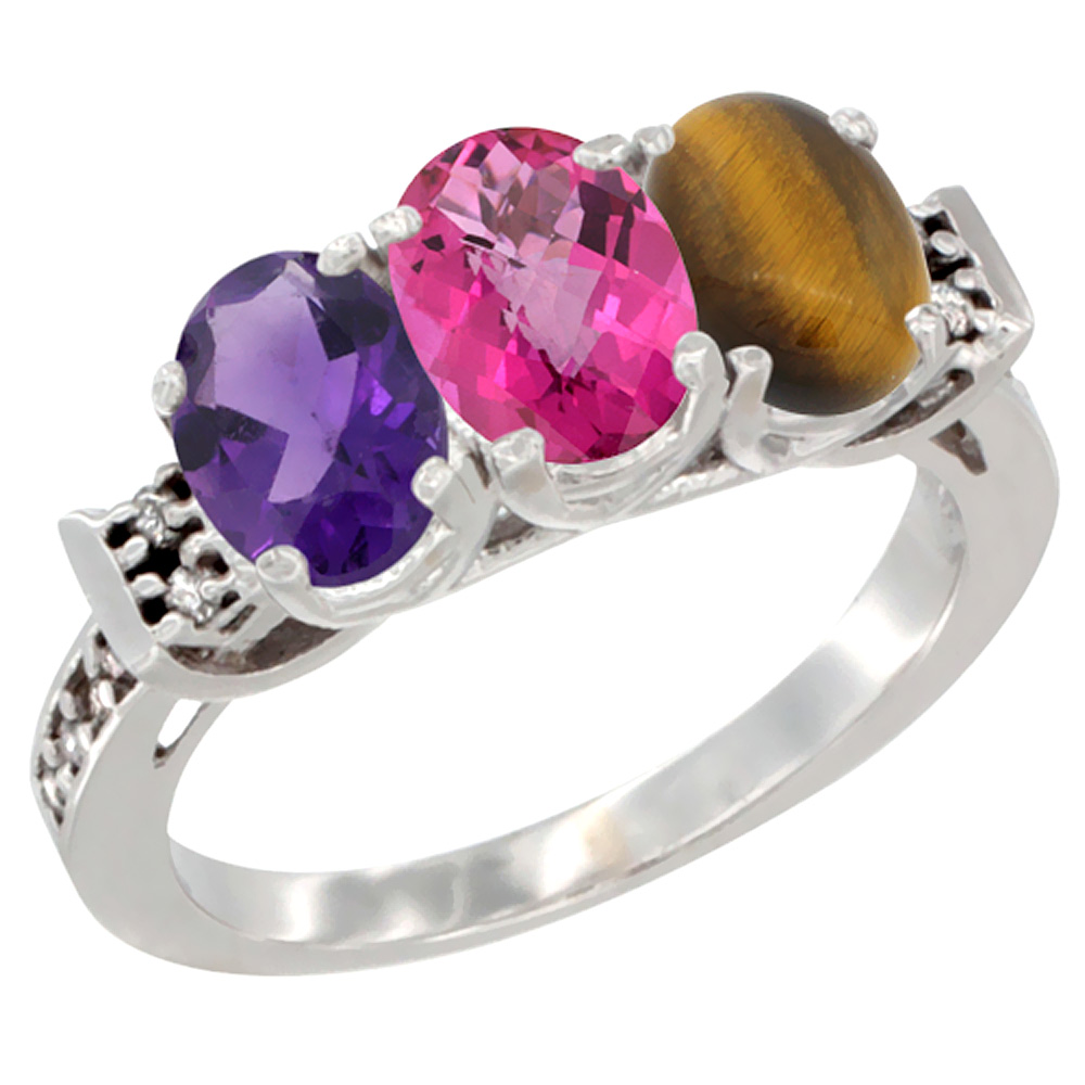 10K White Gold Natural Amethyst, Pink Topaz &amp; Tiger Eye Ring 3-Stone Oval 7x5 mm Diamond Accent, sizes 5 - 10