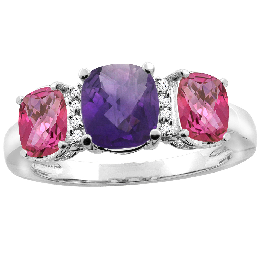 10K White Gold Natural Amethyst & Pink Topaz 3-stone Ring Cushion 8x6mm Diamond Accent, sizes 5 - 10