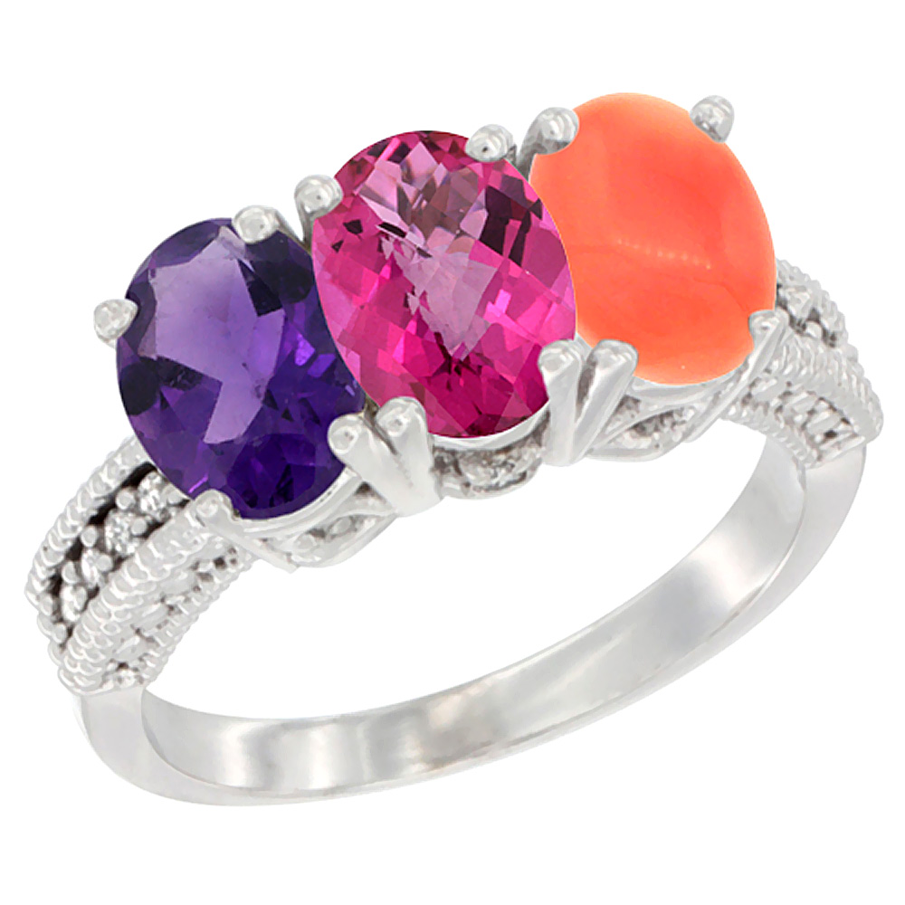 10K White Gold Natural Amethyst, Pink Topaz & Coral Ring 3-Stone Oval 7x5 mm Diamond Accent, sizes 5 - 10