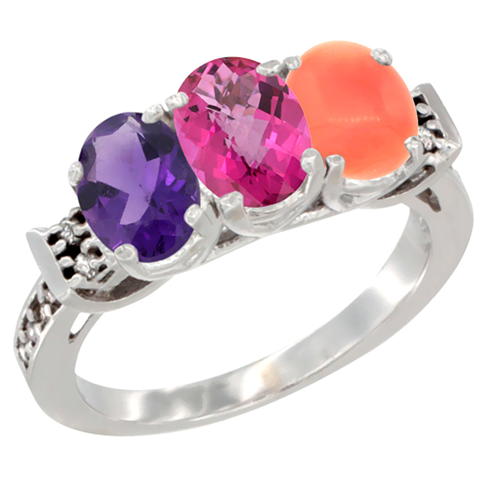 14K White Gold Natural Amethyst, Pink Topaz &amp; Coral Ring 3-Stone 7x5 mm Oval Diamond Accent, sizes 5 - 10