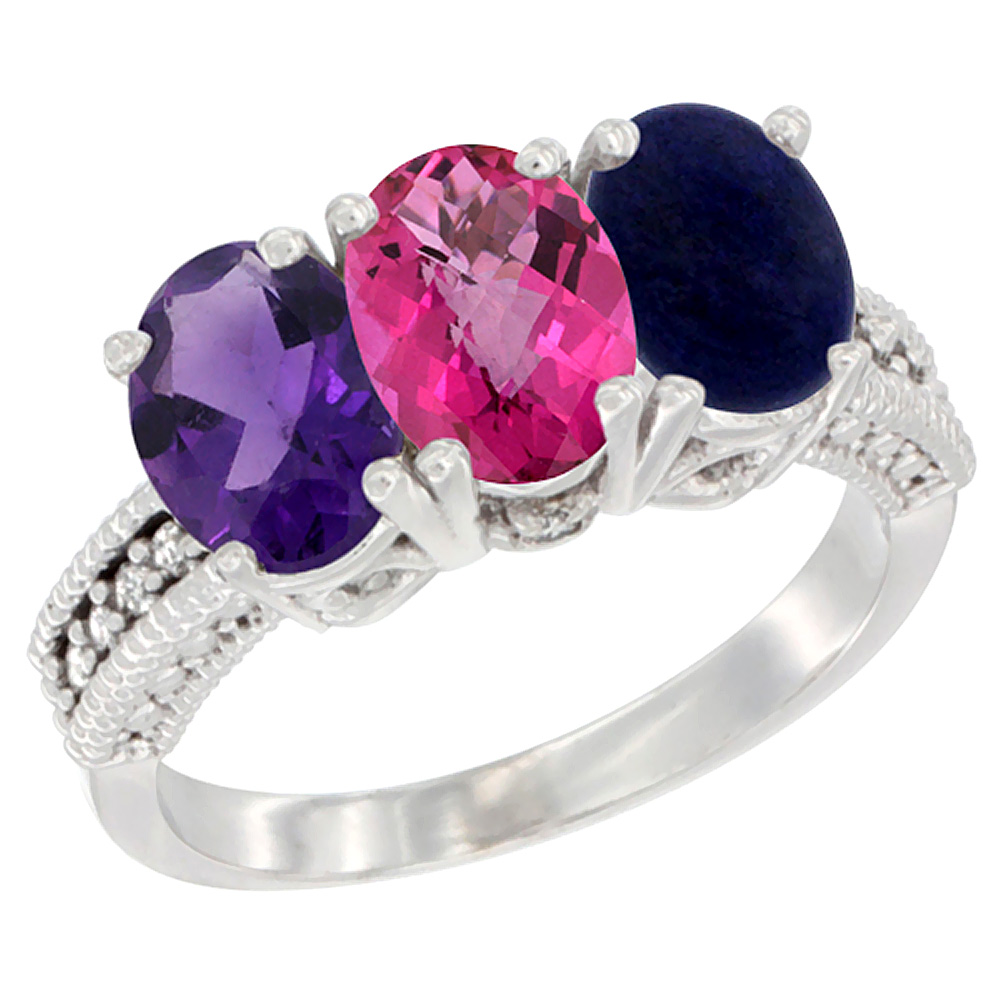 10K White Gold Natural Amethyst, Pink Topaz &amp; Lapis Ring 3-Stone Oval 7x5 mm Diamond Accent, sizes 5 - 10