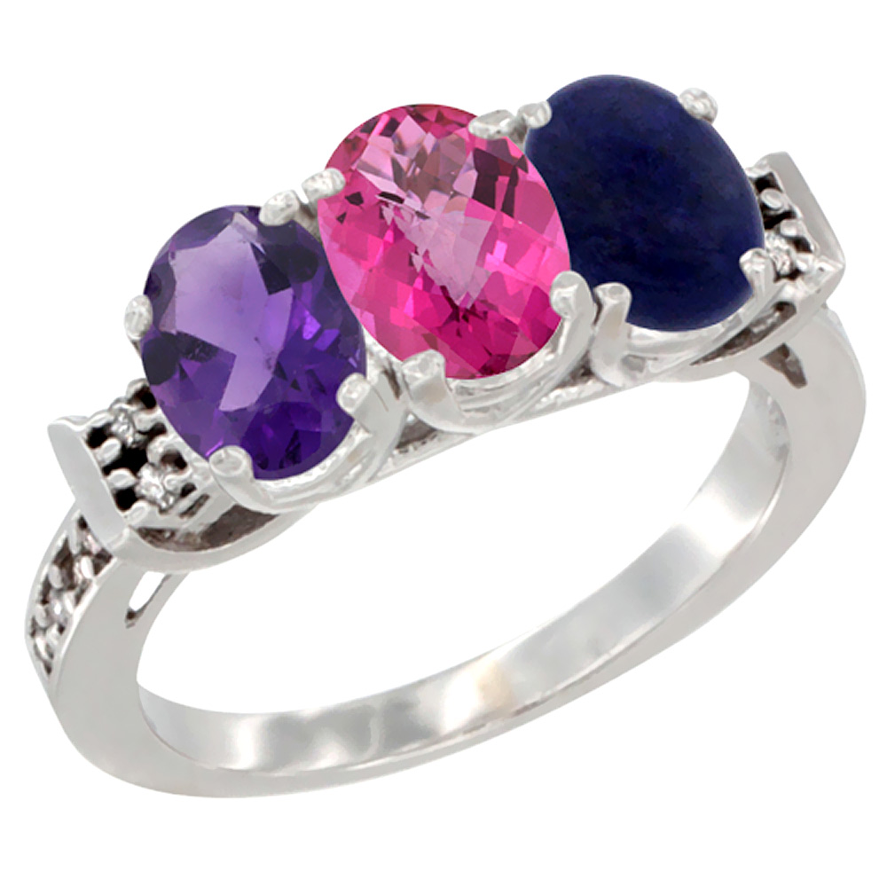 10K White Gold Natural Amethyst, Pink Topaz &amp; Lapis Ring 3-Stone Oval 7x5 mm Diamond Accent, sizes 5 - 10