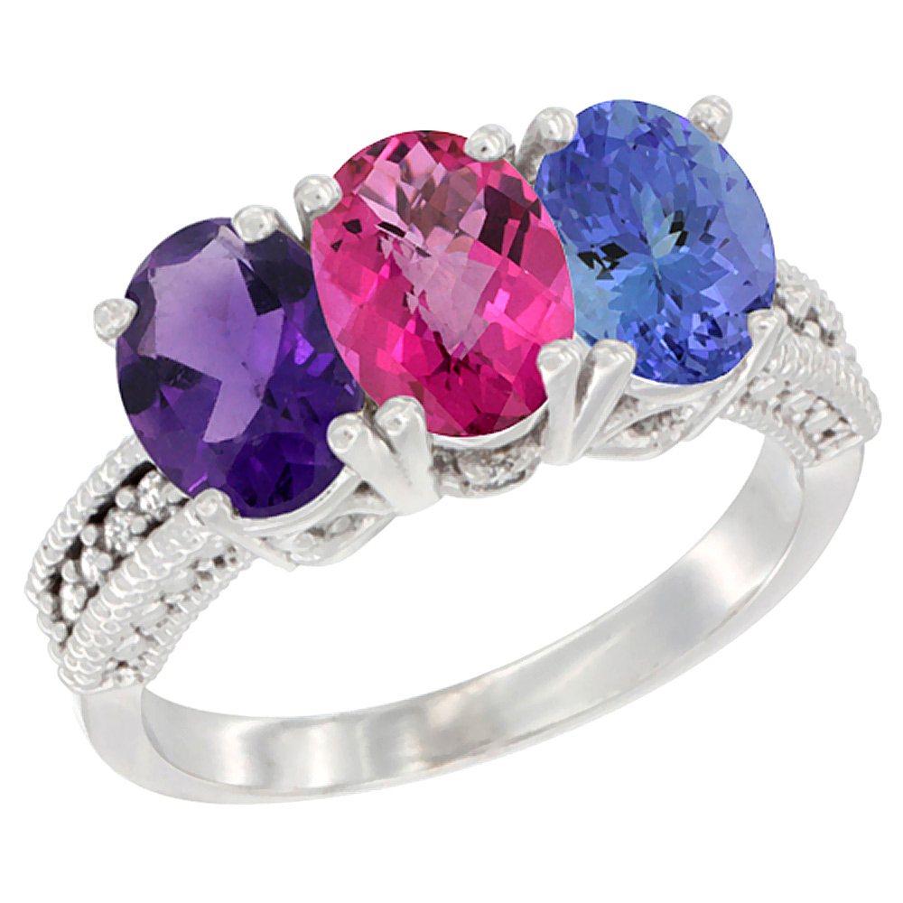14K White Gold Natural Amethyst, Pink Topaz &amp; Tanzanite Ring 3-Stone 7x5 mm Oval Diamond Accent, sizes 5 - 10