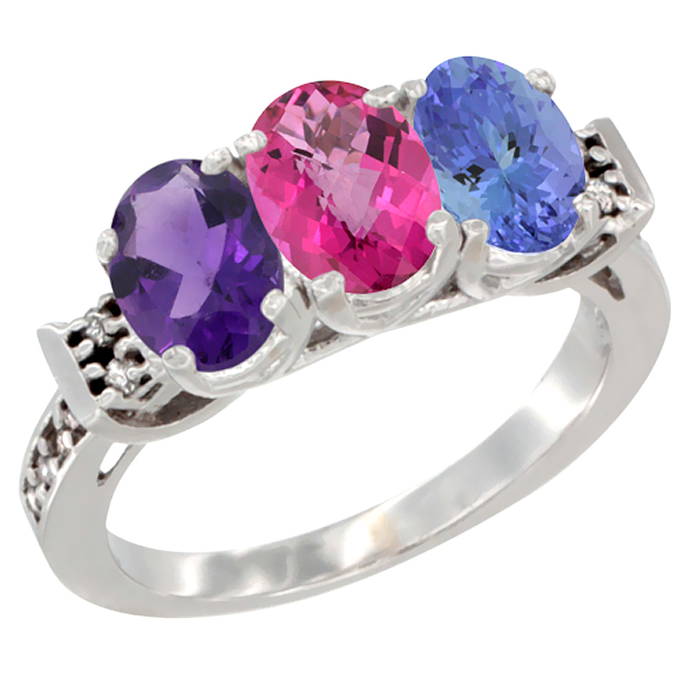 14K White Gold Natural Amethyst, Pink Topaz & Tanzanite Ring 3-Stone 7x5 mm Oval Diamond Accent, sizes 5 - 10