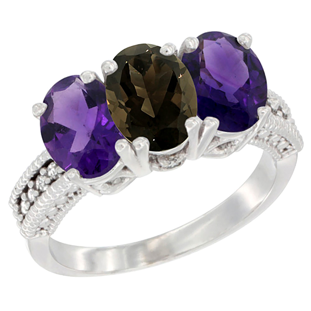 14K White Gold Natural Smoky Topaz & Amethyst Ring 3-Stone 7x5 mm Oval Diamond Accent, sizes 5 - 10