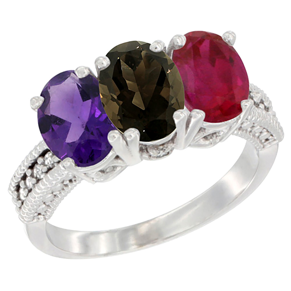 10K White Gold Natural Amethyst, Smoky Topaz &amp; Enhanced Ruby Ring 3-Stone Oval 7x5 mm Diamond Accent, sizes 5 - 10
