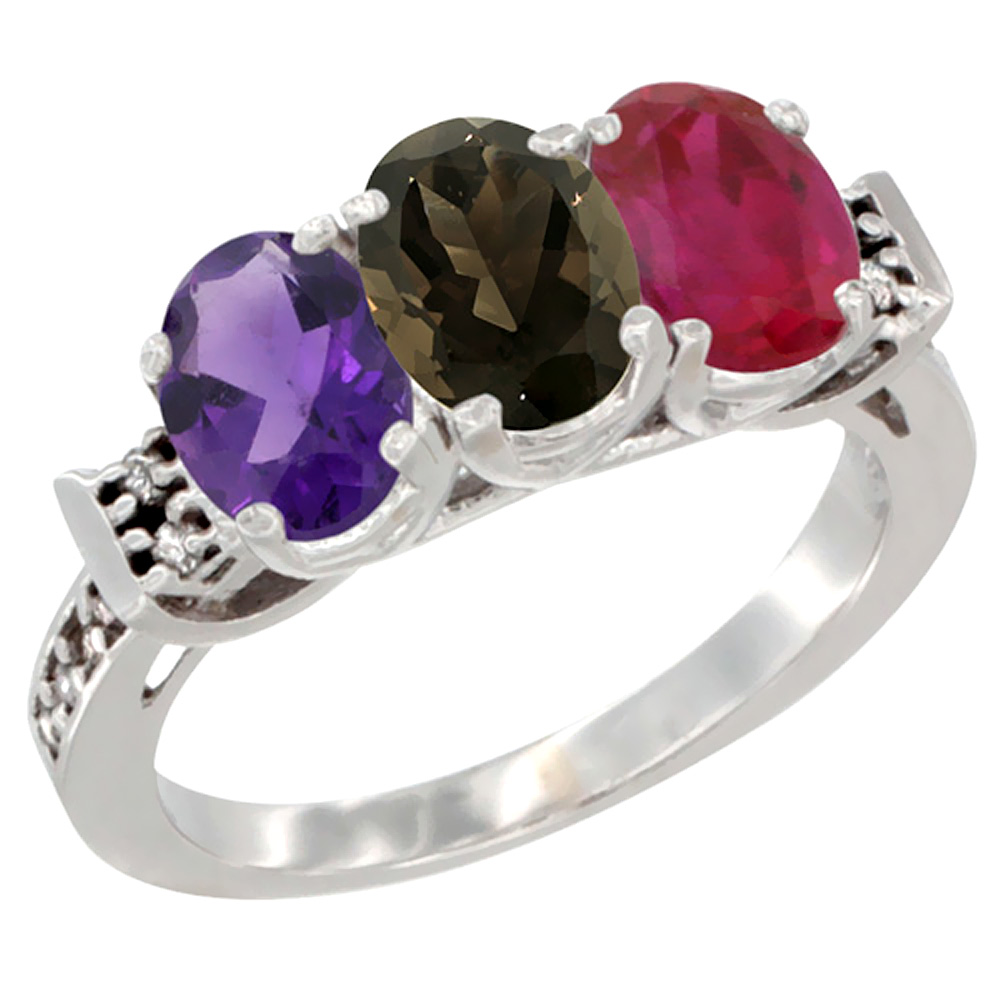 14K White Gold Natural Amethyst, Smoky Topaz &amp; Enhanced Ruby Ring 3-Stone 7x5 mm Oval Diamond Accent, sizes 5 - 10