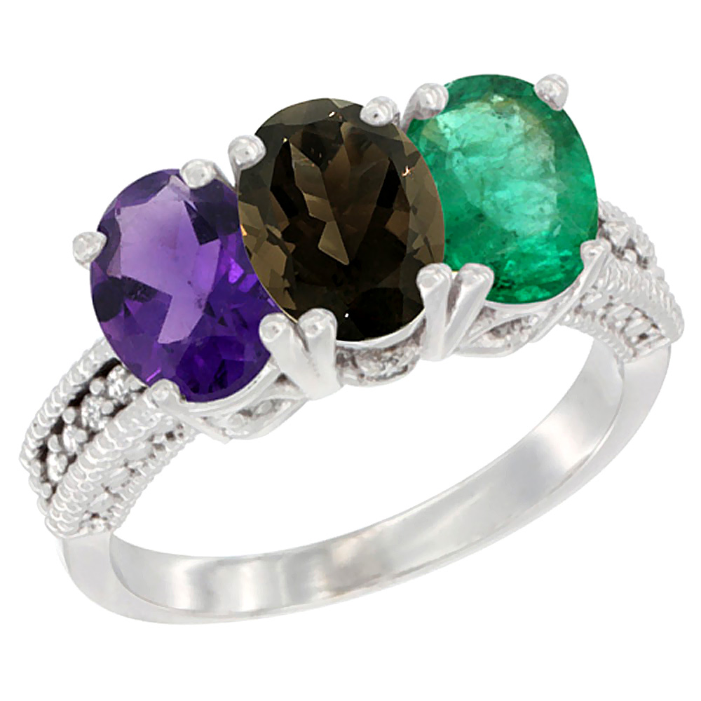 14K White Gold Natural Amethyst, Smoky Topaz & Emerald Ring 3-Stone 7x5 mm Oval Diamond Accent, sizes 5 - 10
