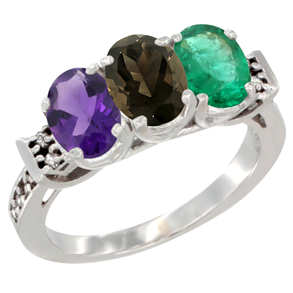 10K White Gold Natural Amethyst, Smoky Topaz & Emerald Ring 3-Stone Oval 7x5 mm Diamond Accent, sizes 5 - 10