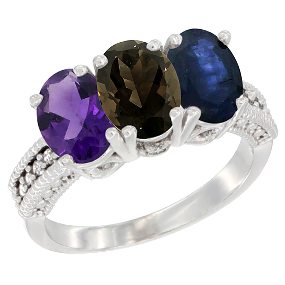 10K White Gold Natural Amethyst, Smoky Topaz & Blue Sapphire Ring 3-Stone Oval 7x5 mm Diamond Accent, sizes 5 - 10
