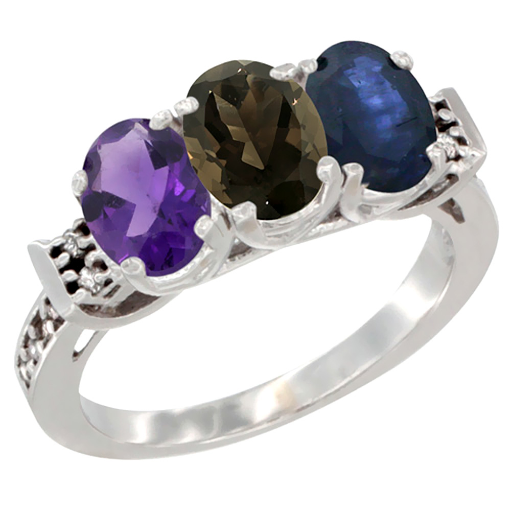 10K White Gold Natural Amethyst, Smoky Topaz & Blue Sapphire Ring 3-Stone Oval 7x5 mm Diamond Accent, sizes 5 - 10
