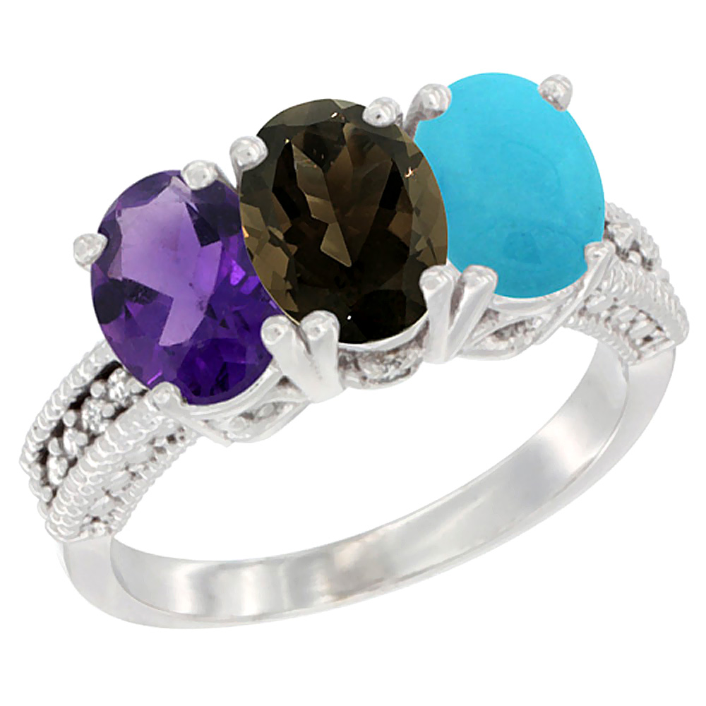 14K White Gold Natural Amethyst, Smoky Topaz & Turquoise Ring 3-Stone 7x5 mm Oval Diamond Accent, sizes 5 - 10