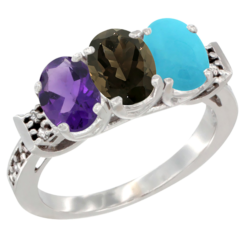 10K White Gold Natural Amethyst, Smoky Topaz & Turquoise Ring 3-Stone Oval 7x5 mm Diamond Accent, sizes 5 - 10