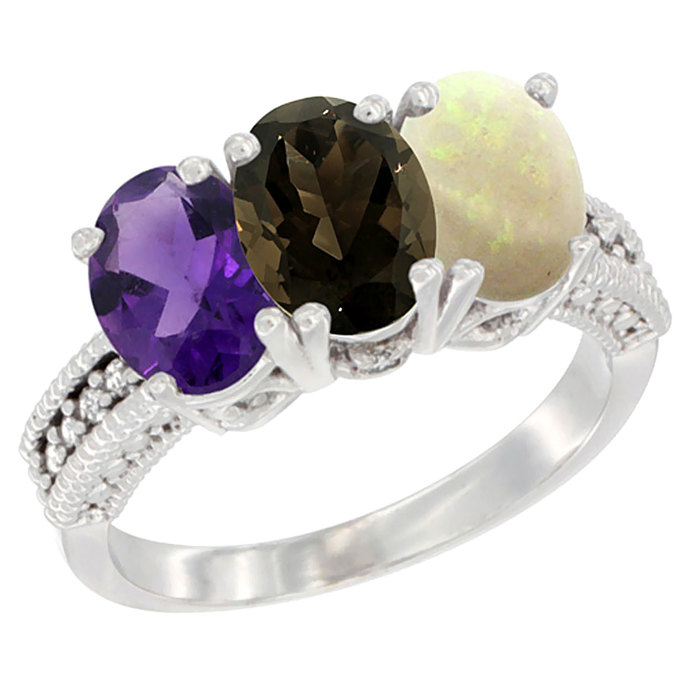 10K White Gold Natural Amethyst, Smoky Topaz & Opal Ring 3-Stone Oval 7x5 mm Diamond Accent, sizes 5 - 10