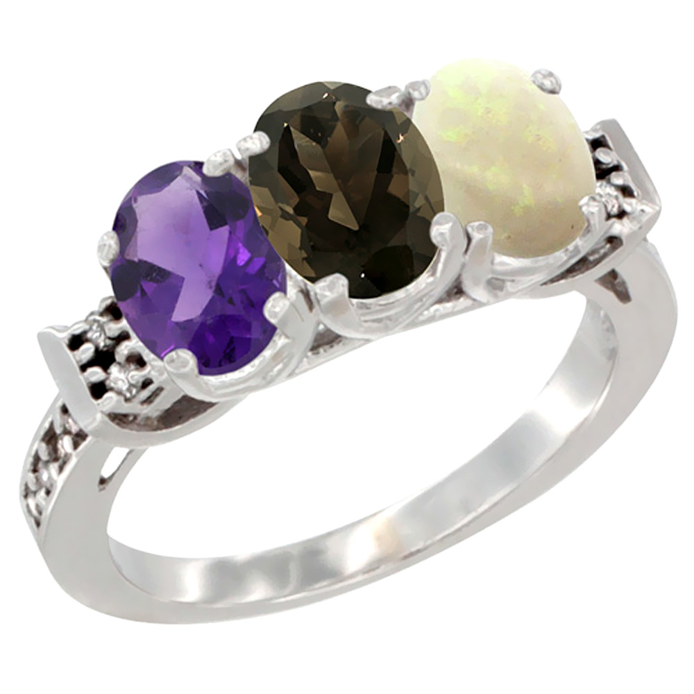 14K White Gold Natural Amethyst, Smoky Topaz &amp; Opal Ring 3-Stone 7x5 mm Oval Diamond Accent, sizes 5 - 10