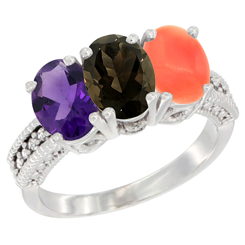 10K White Gold Natural Amethyst, Smoky Topaz & Coral Ring 3-Stone Oval 7x5 mm Diamond Accent, sizes 5 - 10
