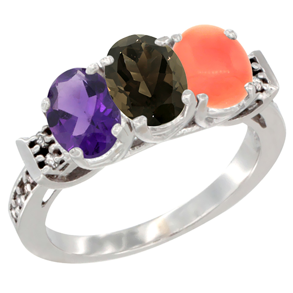 10K White Gold Natural Amethyst, Smoky Topaz & Coral Ring 3-Stone Oval 7x5 mm Diamond Accent, sizes 5 - 10