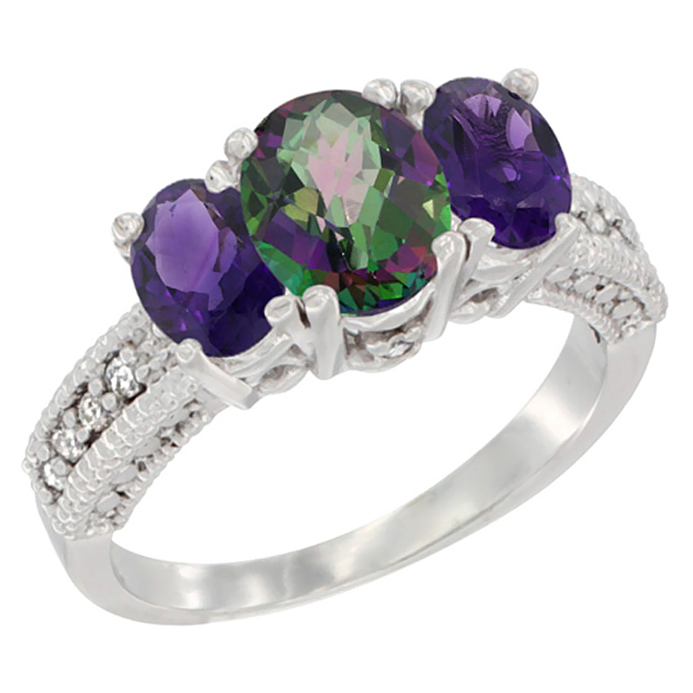 10K White Gold Diamond Natural Mystic Topaz Ring Oval 3-stone with Amethyst, sizes 5 - 10
