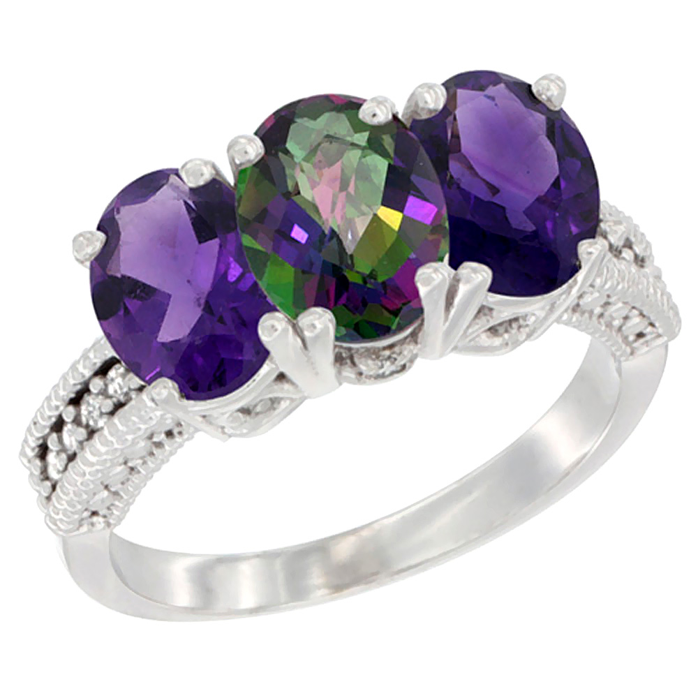 14K White Gold Natural Mystic Topaz &amp; Amethyst Ring 3-Stone 7x5 mm Oval Diamond Accent, sizes 5 - 10
