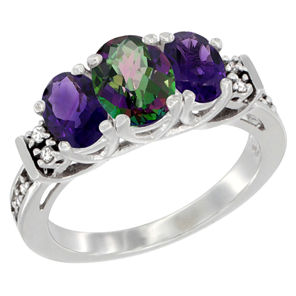 14K White Gold Natural Mystic Topaz & Amethyst Ring 3-Stone Oval Diamond Accent, sizes 5-10
