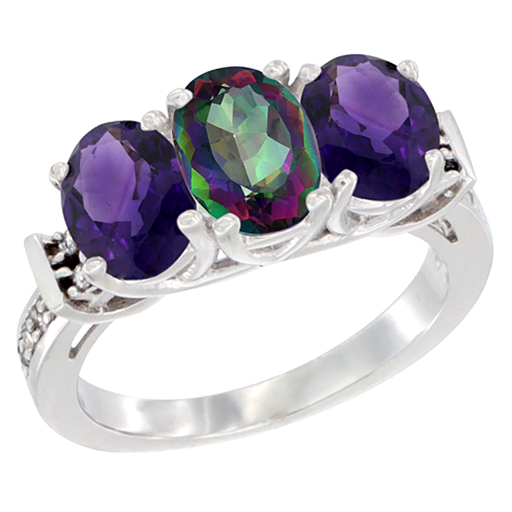 14K White Gold Natural Mystic Topaz & Amethyst Sides Ring 3-Stone Oval Diamond Accent, sizes 5 - 10