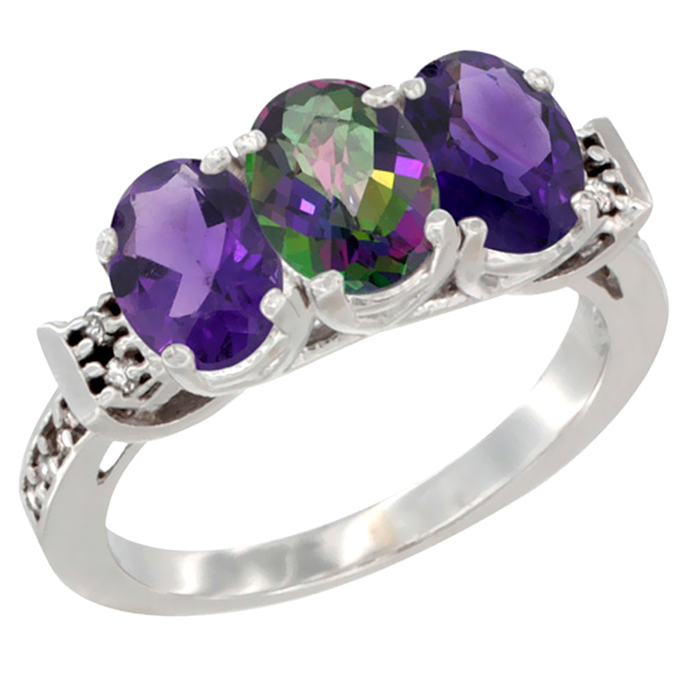 14K White Gold Natural Mystic Topaz & Amethyst Sides Ring 3-Stone 7x5 mm Oval Diamond Accent, sizes 5 - 10