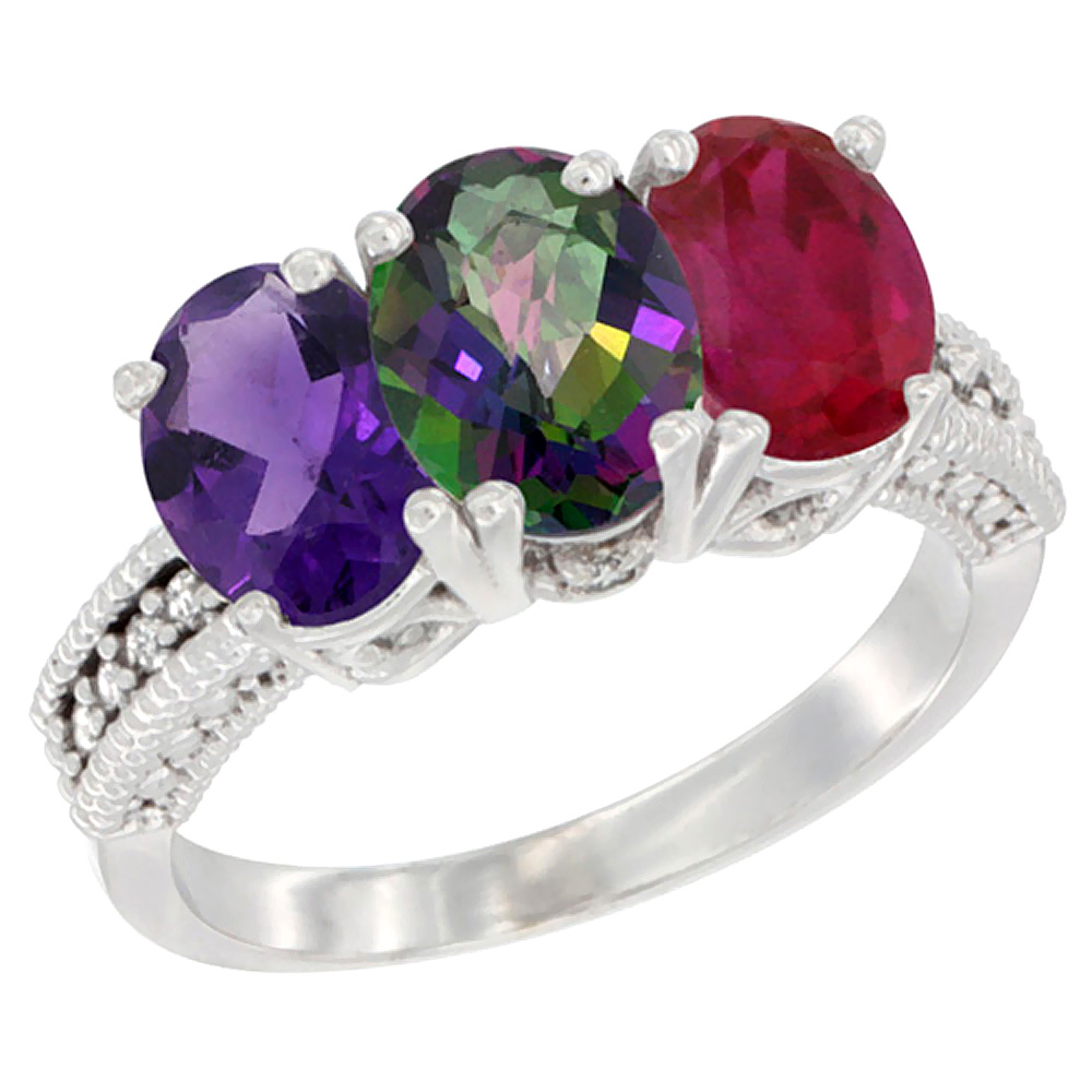 14K White Gold Natural Amethyst, Mystic Topaz &amp; Enhanced Ruby Ring 3-Stone 7x5 mm Oval Diamond Accent, sizes 5 - 10