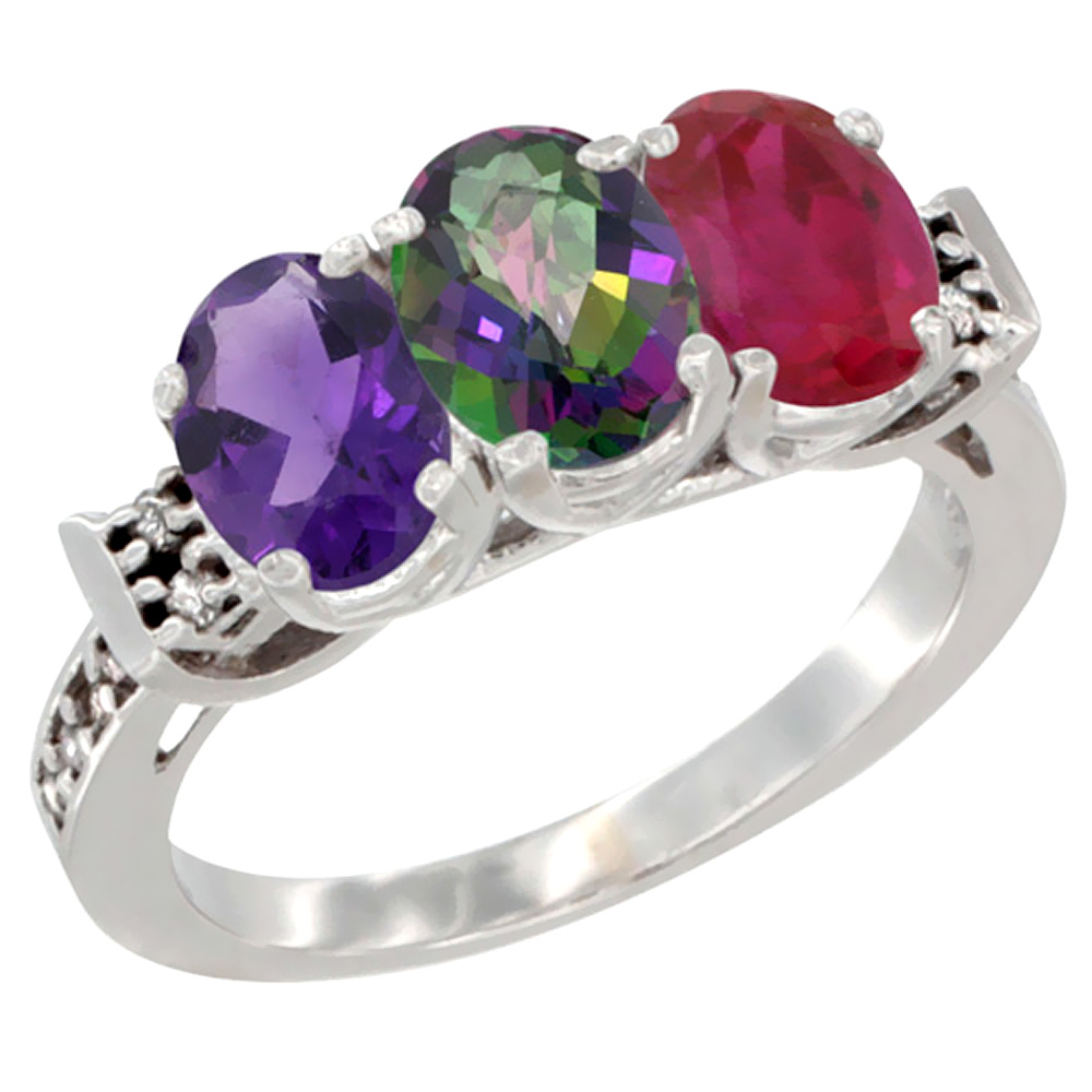 10K White Gold Natural Amethyst, Mystic Topaz &amp; Enhanced Ruby Ring 3-Stone Oval 7x5 mm Diamond Accent, sizes 5 - 10