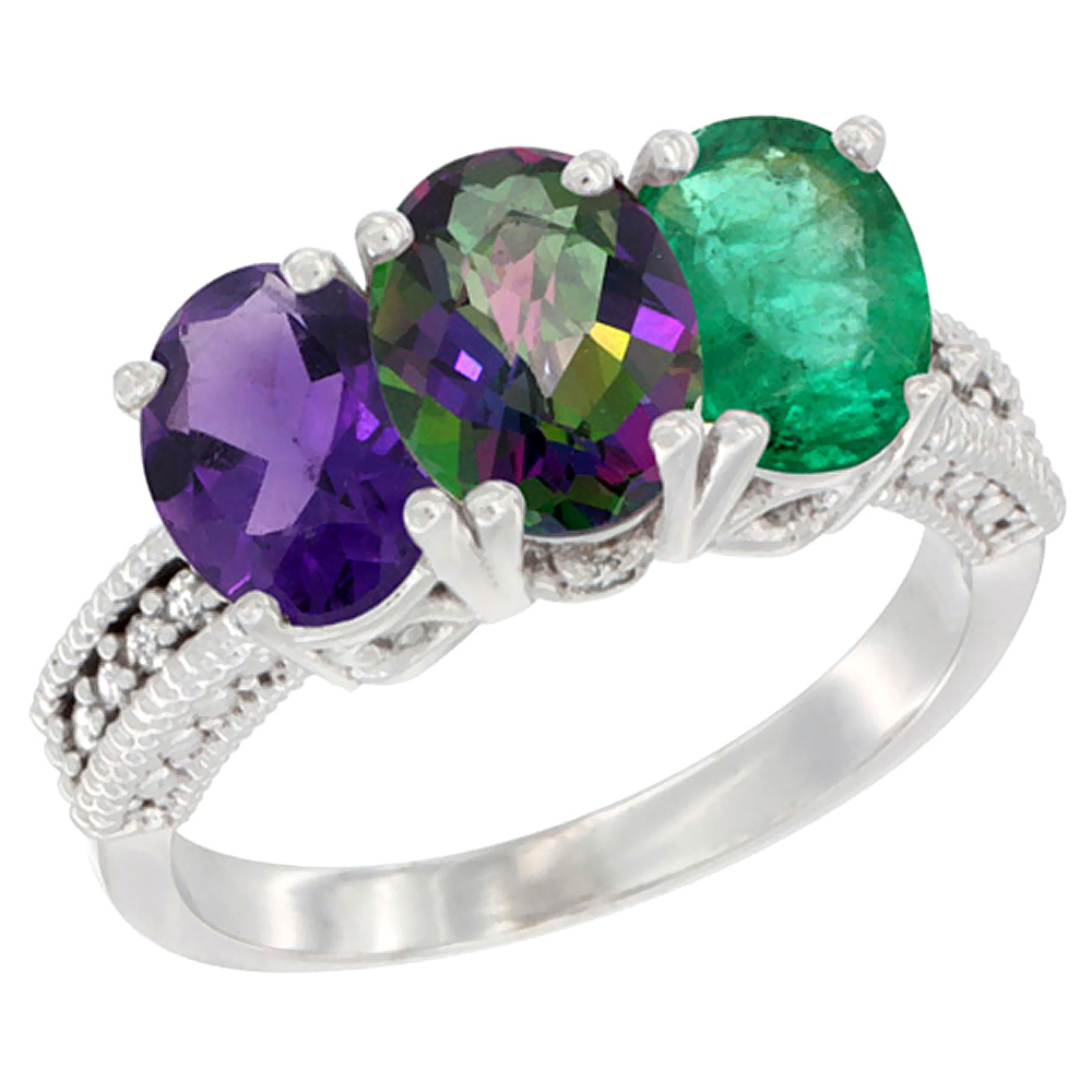 14K White Gold Natural Amethyst, Mystic Topaz &amp; Emerald Ring 3-Stone 7x5 mm Oval Diamond Accent, sizes 5 - 10