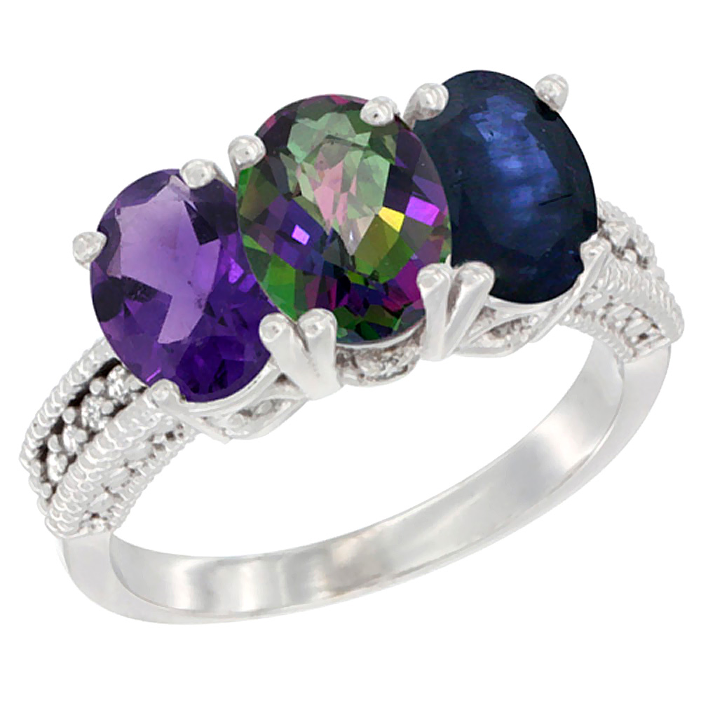 14K White Gold Natural Amethyst, Mystic Topaz &amp; Blue Sapphire Ring 3-Stone 7x5 mm Oval Diamond Accent, sizes 5 - 10
