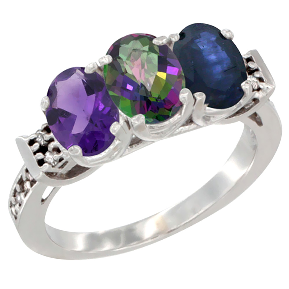 10K White Gold Natural Amethyst, Mystic Topaz &amp; Blue Sapphire Ring 3-Stone Oval 7x5 mm Diamond Accent, sizes 5 - 10