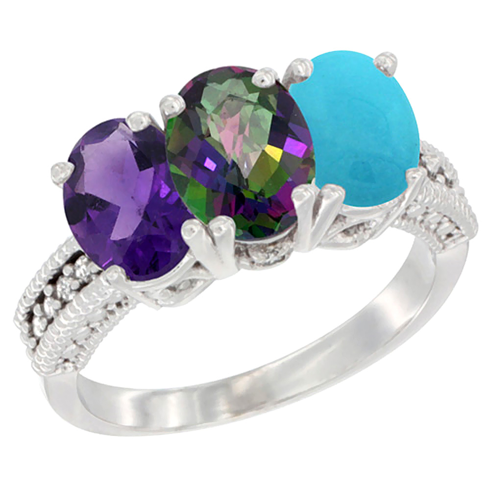 10K White Gold Natural Amethyst, Mystic Topaz &amp; Turquoise Ring 3-Stone Oval 7x5 mm Diamond Accent, sizes 5 - 10