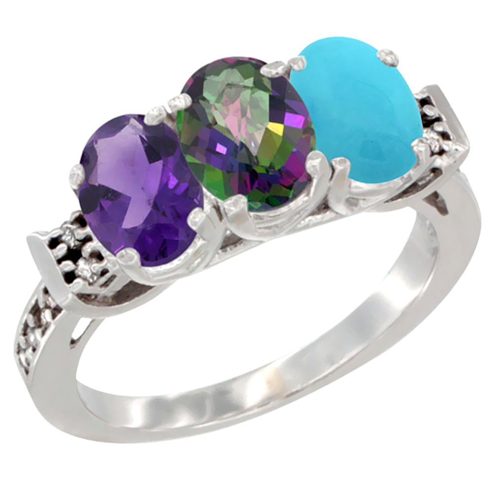 14K White Gold Natural Amethyst, Mystic Topaz &amp; Turquoise Ring 3-Stone 7x5 mm Oval Diamond Accent, sizes 5 - 10